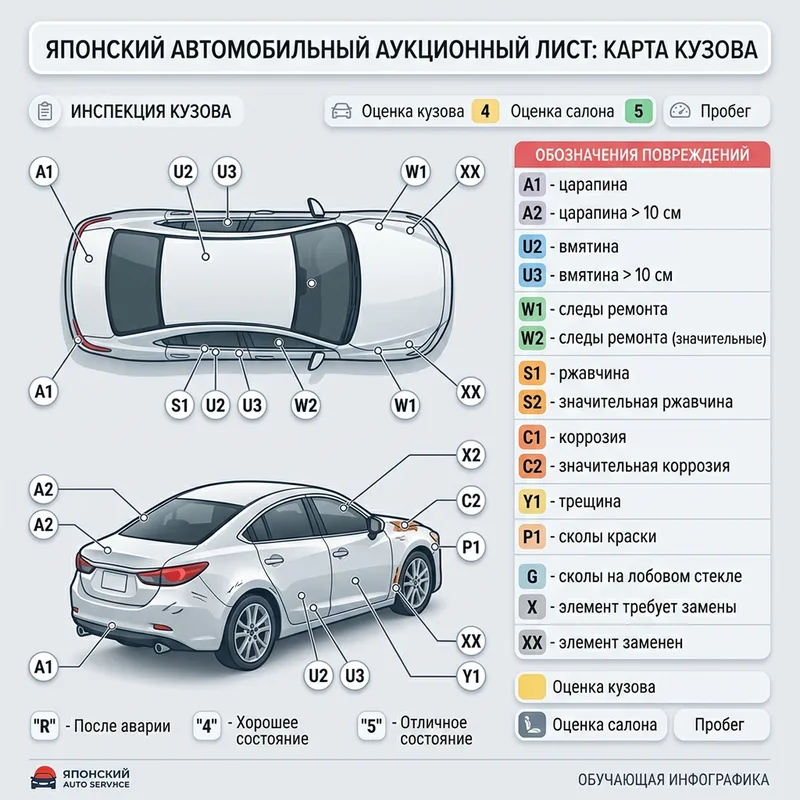 Схема кузова с расшифровкой отметок